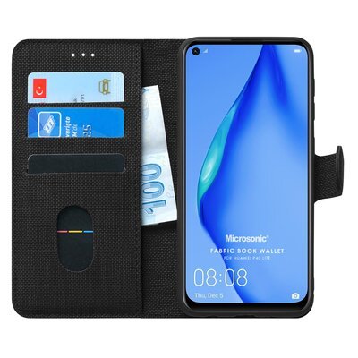 Microsonic Huawei P40 Lite Kılıf Fabric Book Wallet Siyah