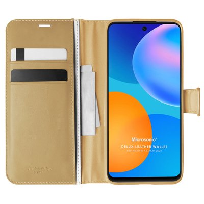 Microsonic Huawei P Smart 2021 Kılıf Delux Leather Wallet Gold