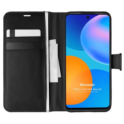 Microsonic Huawei P Smart 2021 Kılıf Delux Leather Wallet Siyah