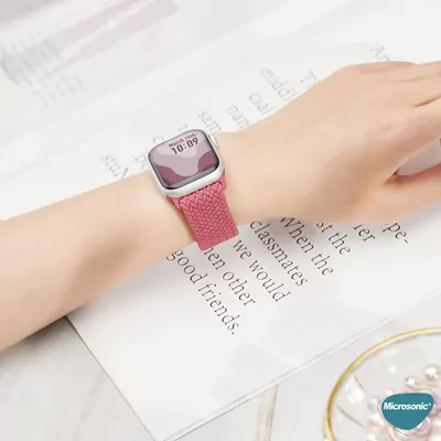 Microsonic Apple Watch Series 11 42mm Kordon, (Medium Size, 147mm) Knitted Fabric Single Loop Pembe