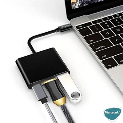 Microsonic Type-C to HDTV Multi-Adapter 3 in 1 HDMI & USB & Type-C Macbook Kablo Adaptör Siyah