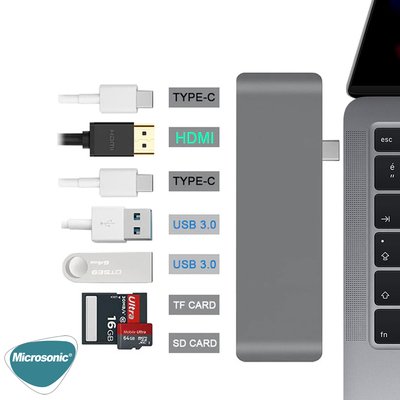 Microsonic Type-C to HDTV Multifunction Adapter 7 Port Macbook 4K HDMI, USB, SD Kart, Dişi Typ-C Dönüştücü Adaptör Kablo Gri