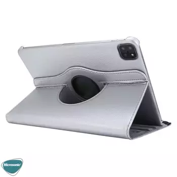 Microsonic Apple iPad Pro 12.9`` 2022 6. Nesil Kılıf (A2436-A2764-A2437-A2766) 360 Rotating Stand Deri Gümüş