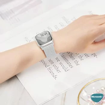 Microsonic Apple Watch SE 3 44mm Kordon, (Large Size, 160mm) Knitted Fabric Single Loop Beyaz