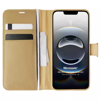 Microsonic Apple iPhone 16e Kılıf Delux Leather Wallet Gold