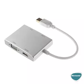 Microsonic USB 3.0 to VGA HDMI LAN DVI Adapter 4 in 1 USB Dönüştürücü Adaptör Kablo Gri