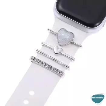 Microsonic Apple Watch SE 2022 44mm Kordon Süsü Charm İnci Kalp Gümüş