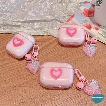 Microsonic Airpods Pro 3 Kılıf Simli Parıltılı Kalp Desenli Pembe
