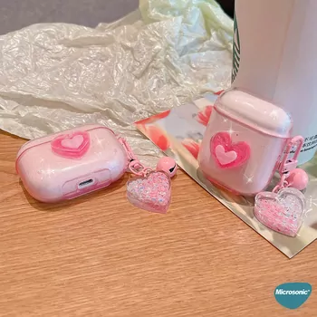Microsonic Airpods Pro 3 Kılıf Simli Parıltılı Kalp Desenli Pembe
