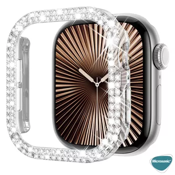 Microsonic Apple Watch Series 11 46mm Kılıf Diamond Taşlı Clear WatchBand Şeffaf