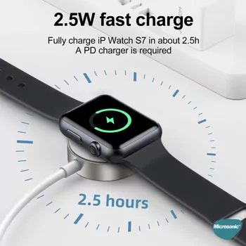 Microsonic Apple Watch Series 11 46mm Masaüstü Manyetik Hızlı Şarj Aygıtı - Type-C Kablosu Beyaz