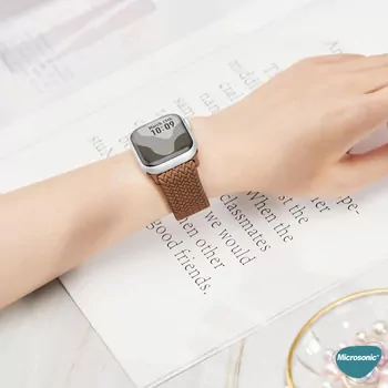 Microsonic Apple Watch Series 11 46mm Kordon, (Small Size, 127mm) Knitted Fabric Single Loop Kahverengi
