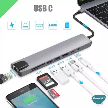 Microsonic Type-C to HDTV Multifunction Adapter 8 Port Kablo Gri