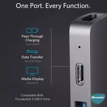 Microsonic Type-C to HDTV Multifunction Adapter 5 Port Macbook HDMI, USB, Typ-C dönüştürücü Adaptör Kablo Gri