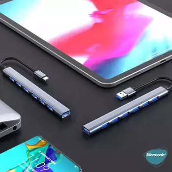 Microsonic USB Type-C (7 Port) Hub Kablo, Çoklu USB Çevirici Gri