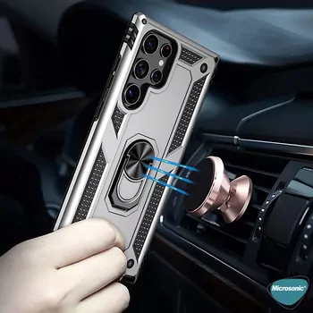 Microsonic Samsung Galaxy S25 Ultra Kılıf Military Ring Holder Kırmızı