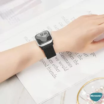 Microsonic Apple Watch Series 11 42mm Kordon, (Medium Size, 147mm) Knitted Fabric Single Loop Siyah
