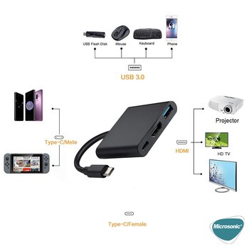 Microsonic Type-C to HDTV Multi-Adapter 3 in 1 HDMI & USB & Type-C Macbook Kablo Adaptör Siyah