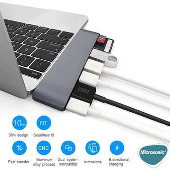 Microsonic Type-C to HDTV Multifunction Adapter 7 Port Macbook 4K HDMI, USB, SD Kart, Dişi Typ-C Dönüştücü Adaptör Kablo Gri