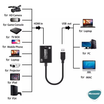 Microsonic 4K HD Video Capture Kablo, USB Hdmi Adaptör Çevirici Siyah