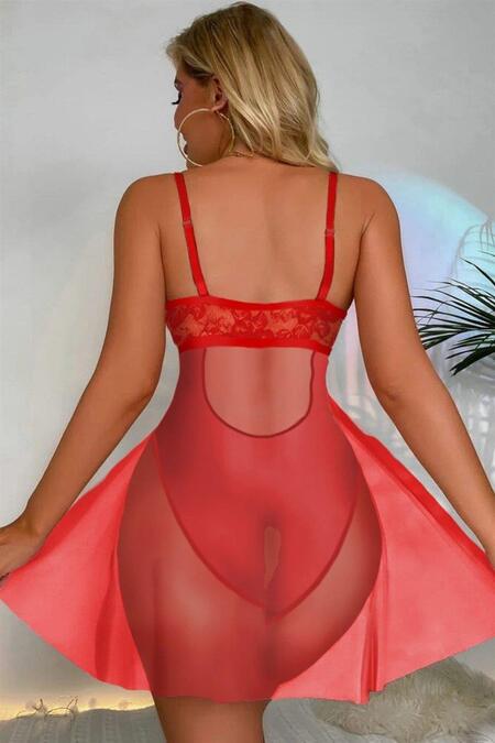 YNT Kırmızı Özel Bölgesi Açık Babydoll Gecelik 15034