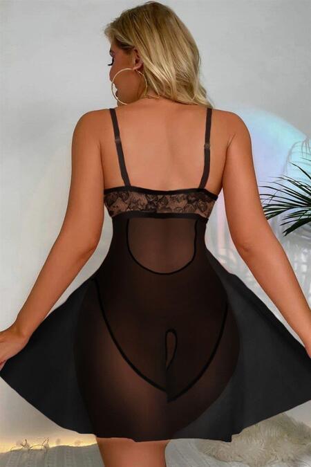 YNT Siyah Özel Bölgesi Açık Babydoll Gecelik 15035