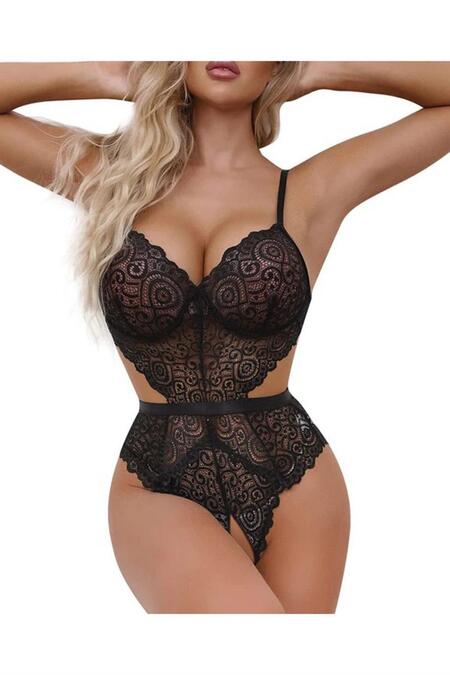 YNT Siyah Dantelli Özel Bölgesi Açık Babydoll Gecelik 15050