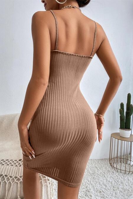 YNT Sütlü Kahve İp Askılı Midi Boy Elbise BN6577SK