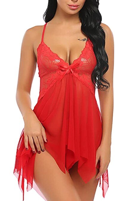 Bella Notte Seksi Kırmızı Tül Dantel Babydoll Gecelik 15507