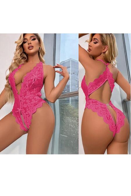 YNT Fuşya Özel Bölgesi Ve Sırtı Açık Babydoll Seksi Gecelik 15064