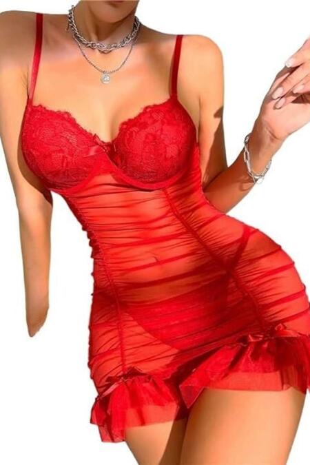 YNT Kırmızı Likralı Transparan Tül Gecelik 15556
