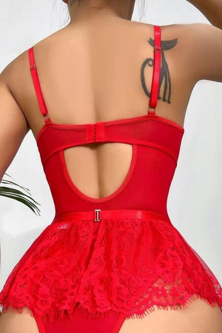 YNT Kırmızı Dantelli Etekli Babydoll Takım 16517