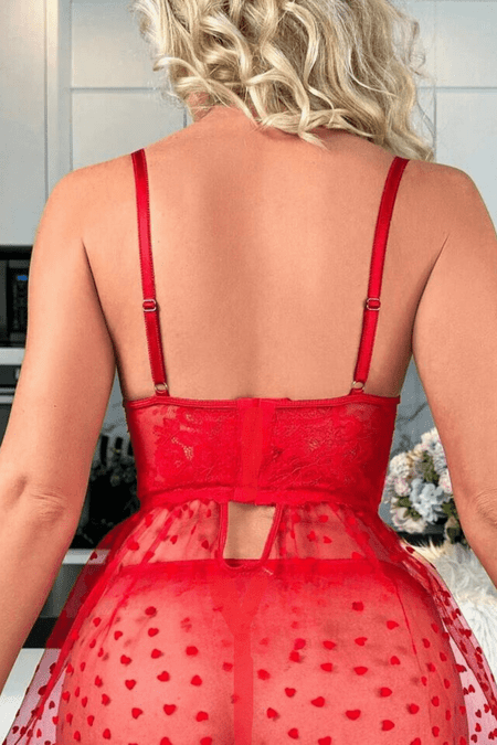 YNT Kırmızı Kalp Desenli Askılı Gecelik 15592