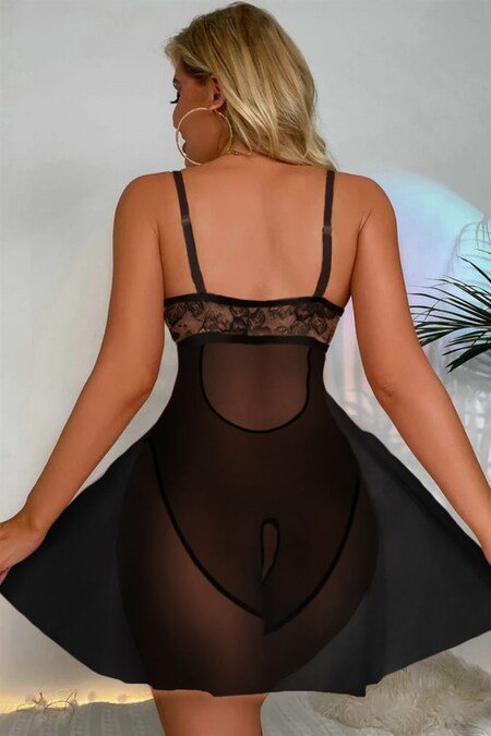 Bella Notte Siyah Özel Bölgesi Açık Babydoll Gecelik 15035