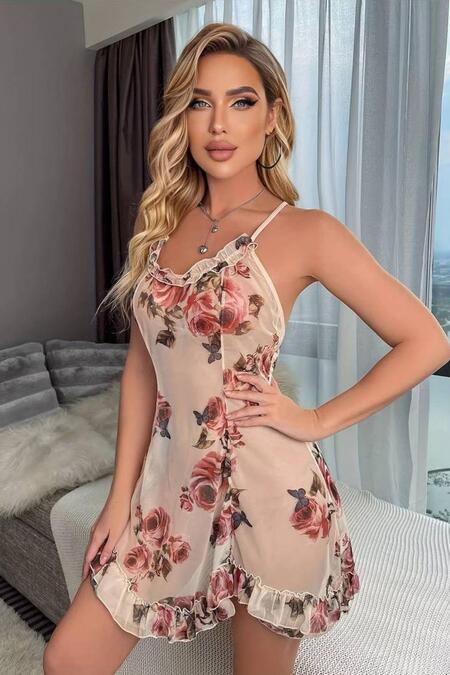 YNT Somon Çiçek Baskılı Mini Gecelik 15704