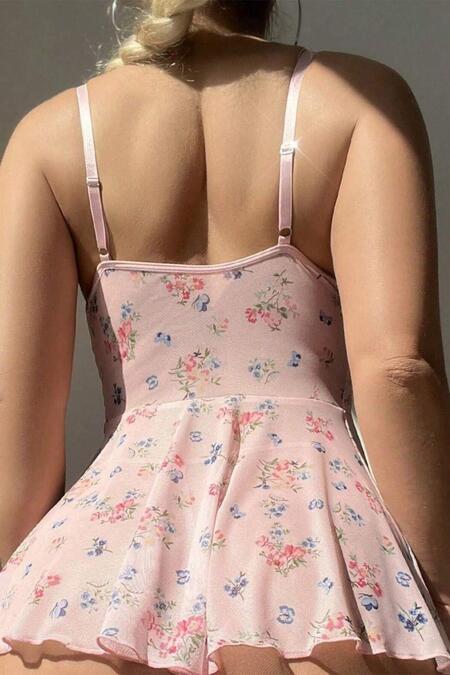 YNT Toz Pembe Çiçek Baskılı Yırtmaç Dekolteli Gecelik 15627