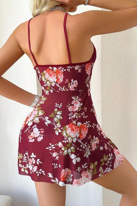 YNT Bordo Çiçek Desenli Askılı Mini Gecelik 15949