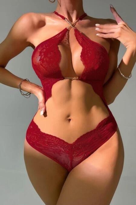 Bella Notte Bordo Boyundan Askılı Zincirli Dantel Babydoll 16052