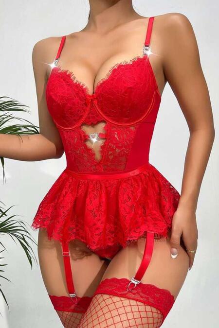 Bella Notte Kırmızı Dantelli Etekli Babydoll Takım 16517