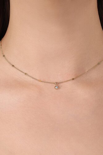 Yuvarlak Taşlı Aynalı Zincir Choker Kolye