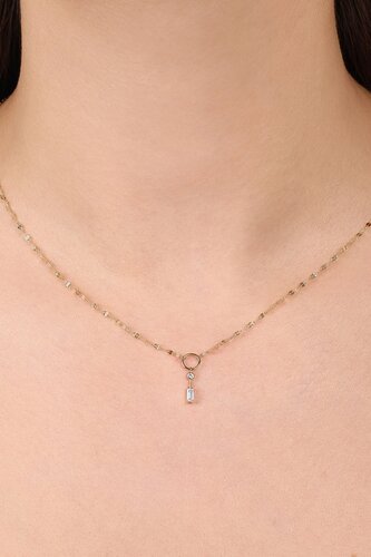 Minimal ve Baget Taşlı Çubuklu Ezme Forse Zincir Halkalı Kolye