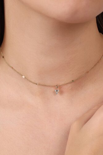 Minimal ve Baget Taşlı Aynalı Zincir Choker Kolye