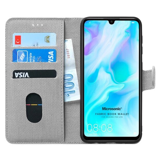 Microsonic Huawei P30 Lite Kılıf Fabric Book Wallet Gri