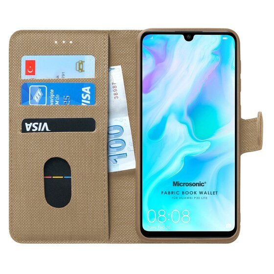 Microsonic Huawei P30 Lite Kılıf Fabric Book Wallet Gold