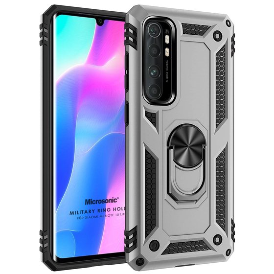 Microsonic Xiaomi Mi Note 10 Lite Kılıf Military Ring Holder Gümüş