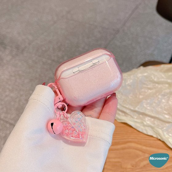Microsonic AirPods Pro Kılıf Simli Parıltılı Kalp Desenli Pembe