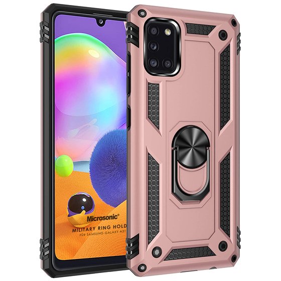 Microsonic Samsung Galaxy A31 Kılıf Military Ring Holder Rose Gold