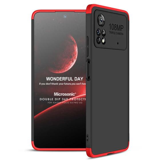 Microsonic Xiaomi Poco X4 Pro 5G Kılıf Double Dip 360 Protective Siyah Kırmızı