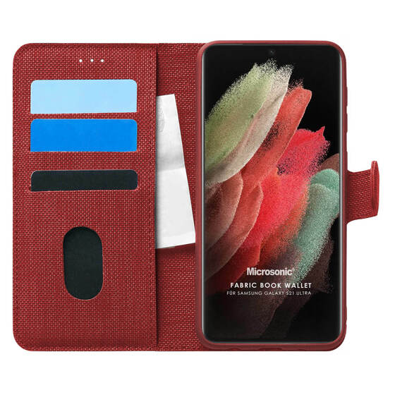 Microsonic Samsung Galaxy S21 Ultra Kılıf Fabric Book Wallet Kırmızı