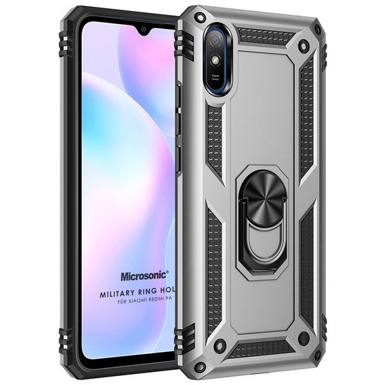 Microsonic Xiaomi Redmi 9A Kılıf Military Ring Holder Gümüş